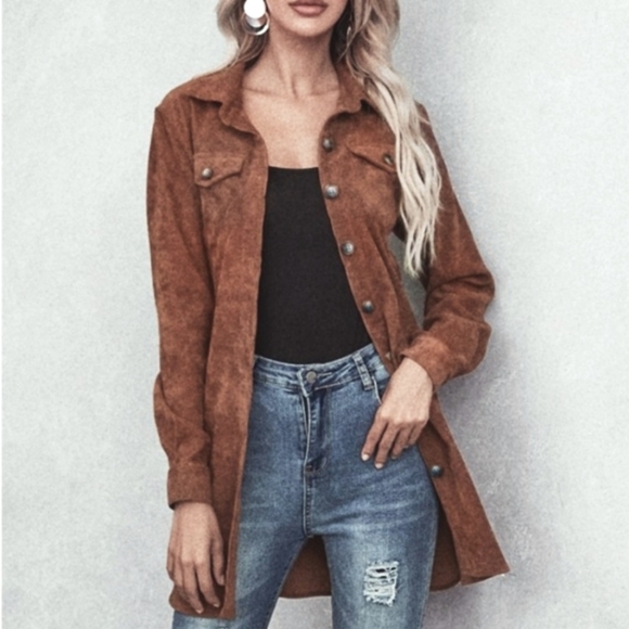 *NEW Corduroy Shirt Dress Shacket Belted Button Up Spice Brown - Picture 2 of 10